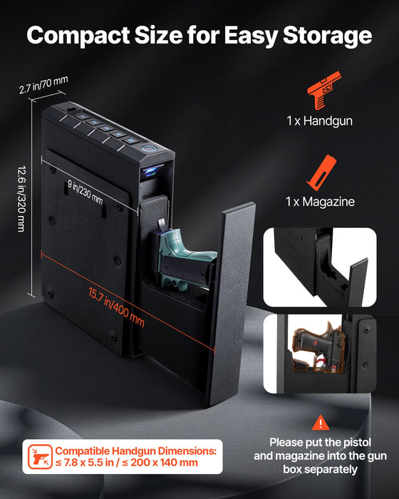 VEVOR Gun Safe, Slider Handgun Gun Safe with Fingerprint/Password/Key, 3-Way Quick Access Firearm Case Box with Lighting for 1 Pistol & Magazine, Mounted Pistol Gun Box for Nightstand Bedside Desk Car