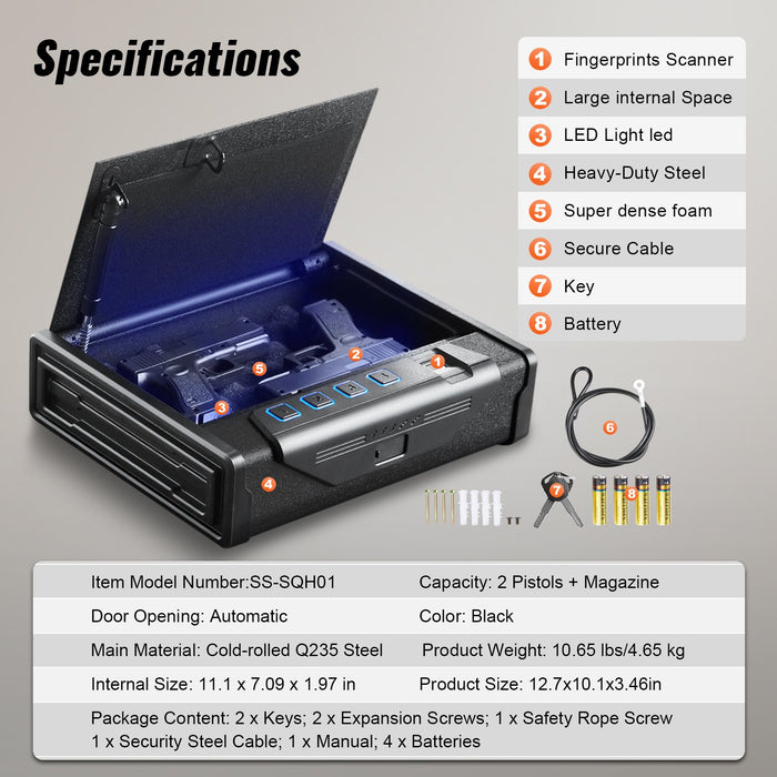 VEVOR Gun Safe for Pistols Biometric Gun Safe with 3 Access Ways for 2 Pistols