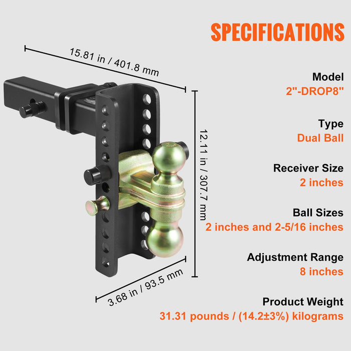 VEVOR Adjustable Trailer Hitch, 203.2 mm Drop & 165.1 mm Rise Hitch Ball Mount with 50.8 mm Receiver, Solid Tube, 6350 kg GTW, 50.8 m and 58.7 mm 45# Steel Tow Balls with Key Lock for Truck Towing