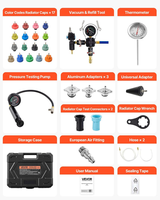 Coolant Pressure Tester Kit, 47Pcs Radiator Vacuum Refill Kit with 3 Metal Adapters, Universal Fit, Automotive Cooling System Pressure Tester Tool, with Pressures Pump & Plastic Filler