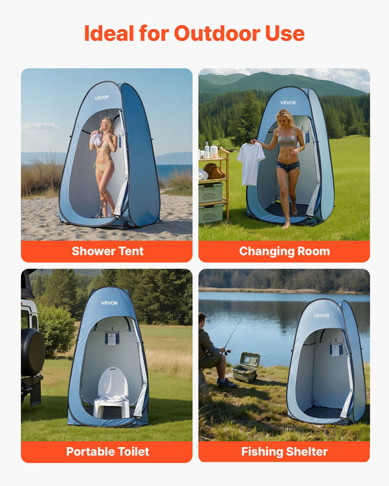 VEVOR Pop up Shower Tent, Instant Portable Privacy Tent Changing Room with Hanging Bag, Ground Stakes, Ropes, Carry Bag, 190T Polyester with Silver Coating, Quick Setup, for Camping, Beach, Fishing
