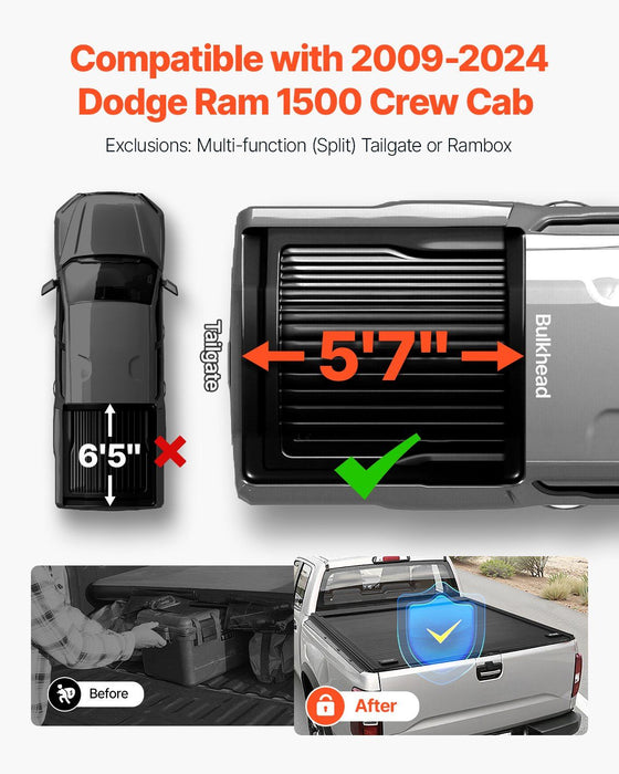 Retractable Tonneau Cover, 5.7 ft Hard Retractable Tonneau Cover with Built-in Drainage Pipe for 2009-2024 Dodge Ram 1500 Crew Cab, Customized Hard Tonneau Cover with Double-Lock & T-Slot