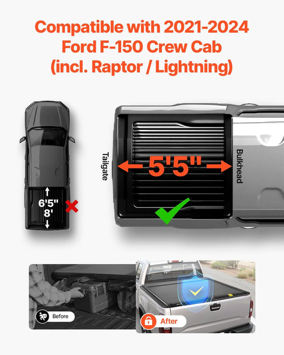 Retractable Tonneau Cover, 5.5 ft Hard Retractable Tonneau Cover with Built-in Drainage Pipe for 2021-2024 Ford F-150 Crew Cab , Customized Hard Tonneau Cover with Double-Lock & T-Slot