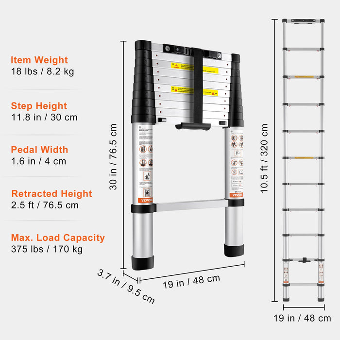 VEVOR Telescoping Ladder Aluminum Extension Step 3.2 m Multi-purpose Portable