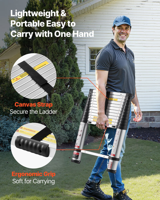 VEVOR 3.8m Telescoping Ladder, Aluminum Lightweight Multi-Purpose Collapsible Extension, One-Touch Retraction Ladder, Heavy Duty 150kg Max Capacity with Non-Slip Feet, for Home, Outdoor Work, Loft