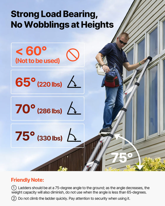 VEVOR 3.8m Telescoping Ladder, Aluminum Lightweight Multi-Purpose Collapsible Extension, One-Touch Retraction Ladder, Heavy Duty 150kg Max Capacity with Non-Slip Feet, for Home, Outdoor Work, Loft