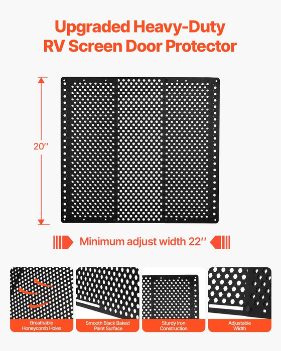 RV Screen Door Protector, Adjusts from 558.8 – 800 mm, Adjustable Door Grille, Easy to Install, Reinforced Breathable Honeycomb Holes, Iron Camper RV Entry Protector for Pet Protection, Black