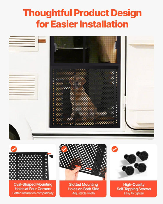 RV Screen Door Protector, Adjusts from 558.8 – 800 mm, Adjustable Door Grille, Easy to Install, Reinforced Breathable Honeycomb Holes, Iron Camper RV Entry Protector for Pet Protection, Black