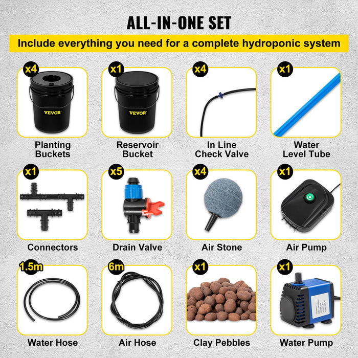 VEVOR DWC Hydroponic System, 5 Gallon 5 Buckets, Deep Water Culture Growing Bucket, Hydroponics Grow Kit with Pump, Air Stone and Connected Reservoir, for Indoor/Outdoor Leafy Vegetables