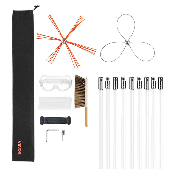 Chimney Sweep Kit, 9m Maximum Extendable Length Chimney Brush, Chimney Cleaner Sweeper with Dual Brush Heads, Brush & Goggles, Fireplace Cleaning Tool for Square, Rectangle, Arch Chimneys