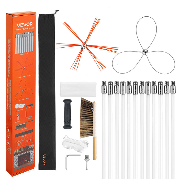 VEVOR Chimney Sweep Kit, 12m Maximum Extendable Length Chimney Brush, Chimney Cleaner Sweeper with Dual Brush Heads, Brush & Goggles, Fireplace Cleaning Tool for Square, Rectangle, Arch Chimneys