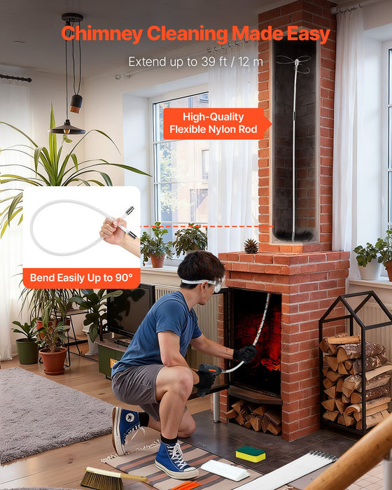 VEVOR Chimney Sweep Kit, 12m Maximum Extendable Length Chimney Brush, Chimney Cleaner Sweeper with Dual Brush Heads, Brush & Goggles, Fireplace Cleaning Tool for Square, Rectangle, Arch Chimneys