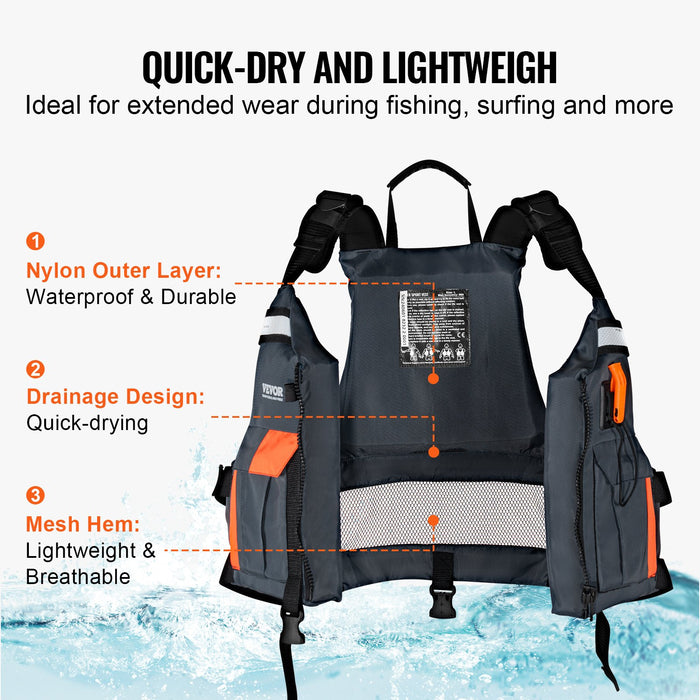 VEVOR Life Vest for Watersports (PFD), Life Jacket with Waterproof Nylon & 96N Buoyancy, Life Vest/Jacket for Any Water Activity-Fishing, Kayaking, Surfing and More, Men and Women L