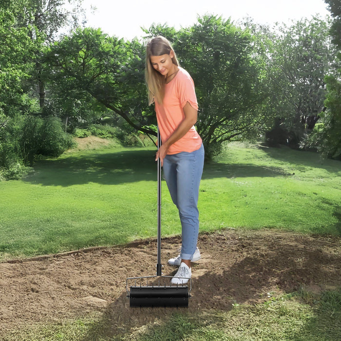 Rolling Lawn Aerator, 435mm Heavy-Duty Manual Rolling Aerator Lawn with Detachable Handle and 27 Iron Spikes, Rolling Lawn Aeration Tool for Garden Patio Yard Compacted Soils and Lawns, Black