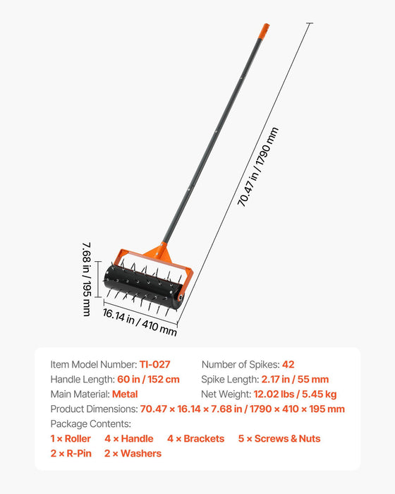 Rolling Lawn Aerator, 410mm Manual Push Aerator Roller with 42 Spikes & 60 in Long Handle, Fillable Drum for Added Weight, Heavy-Duty Lawn Soil Penetrator for Garden Yard Compacted Soils