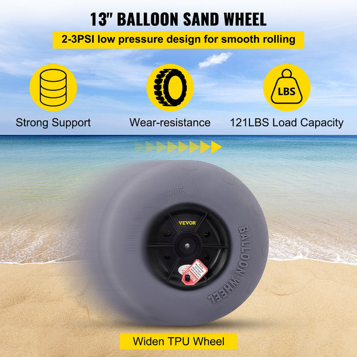 VEVOR Beach Balloon Wheels, 13" Sand Tires with 32" Stainless Steel Axle, TPU Cart Tires for Kayak Dolly, Canoe Cart and Buggy with Air Pump, 2-Pack
