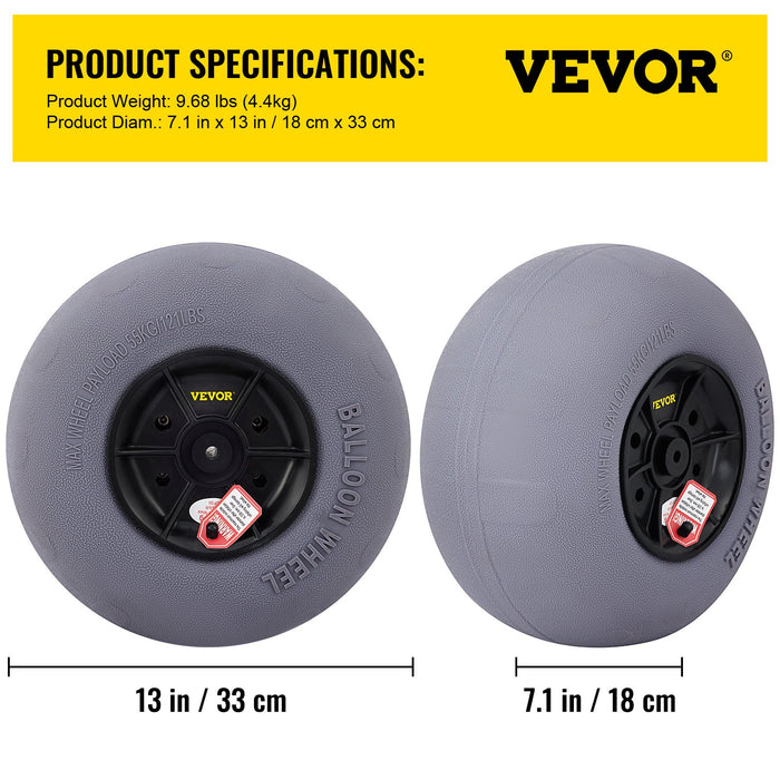 VEVOR Beach Balloon Wheels, 13" Sand Tires with 32" Stainless Steel Axle, TPU Cart Tires for Kayak Dolly, Canoe Cart and Buggy with Air Pump, 2-Pack