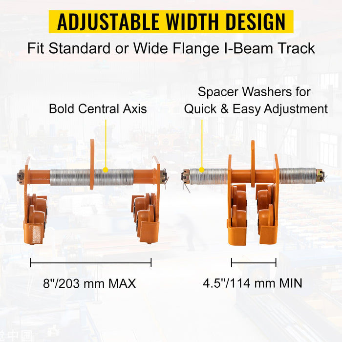 VEVOR Manual Trolley, 11000LBS/5 Ton Load Capacity Beam Trolley, 4.5-8 inch Adjustable Width Push Beam, Track Roller Trolley Powder Coating with Dual Wheels Garage Hoist for Straight Curved I Beam