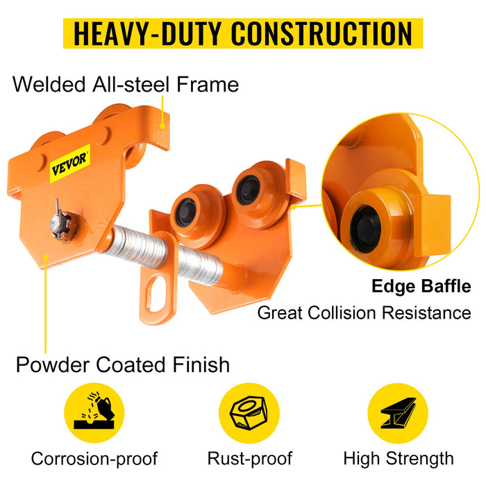 VEVOR Manual Trolley, 11000LBS/5 Ton Load Capacity Beam Trolley, 4.5-8 inch Adjustable Width Push Beam, Track Roller Trolley Powder Coating with Dual Wheels Garage Hoist for Straight Curved I Beam
