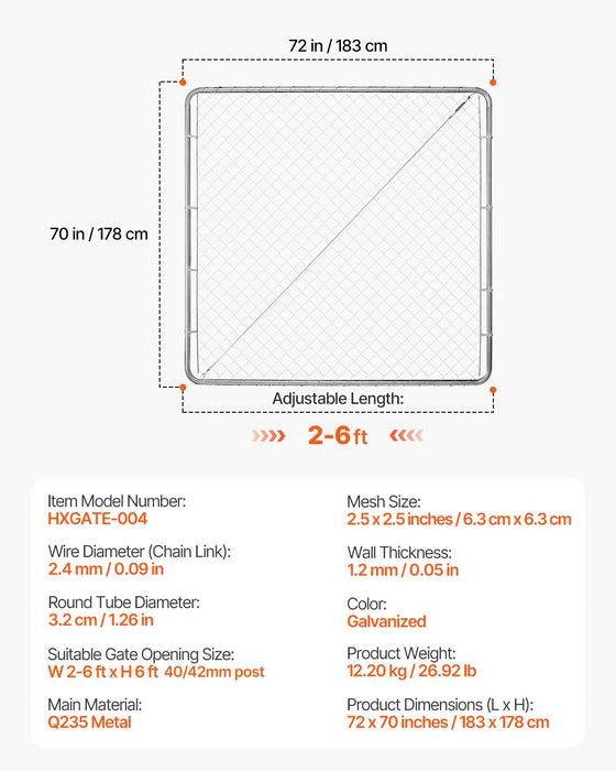 VEVOR Chain Link Fence Gate, 70 x 72 in, Adjustable Chain Link Fence Panel, Fit 3 ft (W) x 4 ft (H) Garden Fence Gate Opening, Rust-Resistant Galvanized Fencing Gate for Farm Posts Not Included