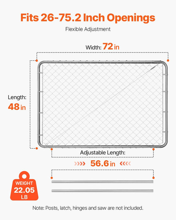 Chain Link Fence Gate, 183 x 122 cm, Adjustable Chain Link Fence Panel, Fit 67-183 cm (W) x 183 cm (H) Garden Fence Gate Opening, Rust-Resistant Galvanized Fencing Gate for Farm, Posts Not Included