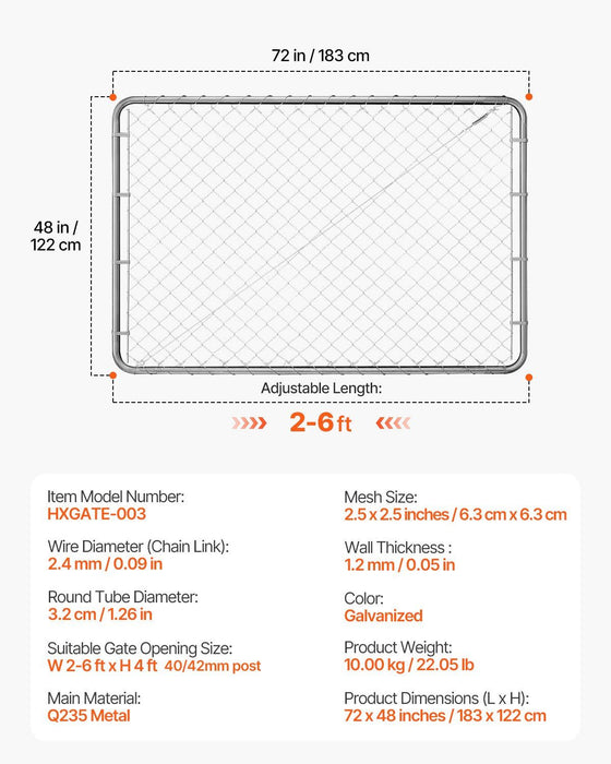 Chain Link Fence Gate, 183 x 122 cm, Adjustable Chain Link Fence Panel, Fit 67-183 cm (W) x 183 cm (H) Garden Fence Gate Opening, Rust-Resistant Galvanized Fencing Gate for Farm, Posts Not Included