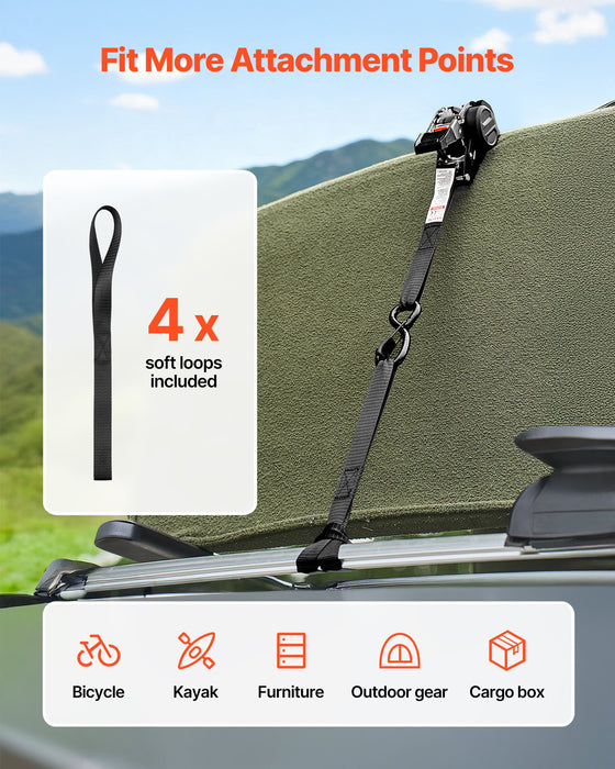 VEVOR Retractable Ratchet Straps, 25.4 mm x 3 m, Tie Down Straps with S Hooks, 544 kg Break Strength, 4 Soft Loops, Tie Down Ratcheting for Moving, Trailers, Motorcycles, Kayaks, Car Roof, 4 Pack