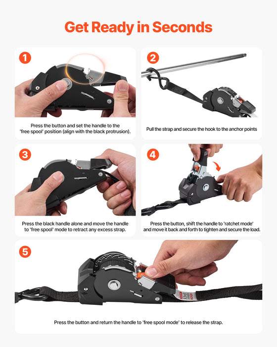 VEVOR Retractable Ratchet Straps, 25.4 mm x 3 m, Tie Down Straps with S Hooks, 544 kg Break Strength, 4 Soft Loops, Tie Down Ratcheting for Moving, Trailers, Motorcycles, Kayaks, Car Roof, 4 Pack
