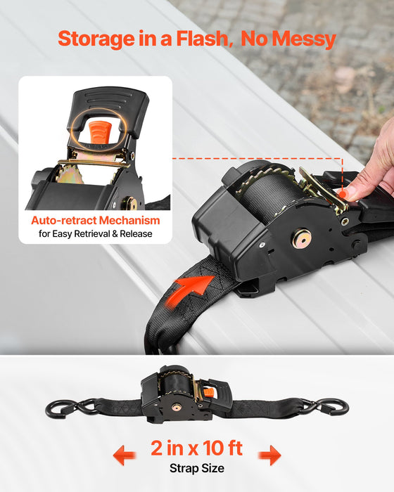 VEVOR Retractable Ratchet Straps, 50.8 mm x 3 m, Tie Down Straps with S Hooks, 1375 kg Break Strength, 2 Soft Loops, Tie Down Ratcheting for Moving, Trailers, Motorcycles, Kayaks, Car Roof, 2 Pack