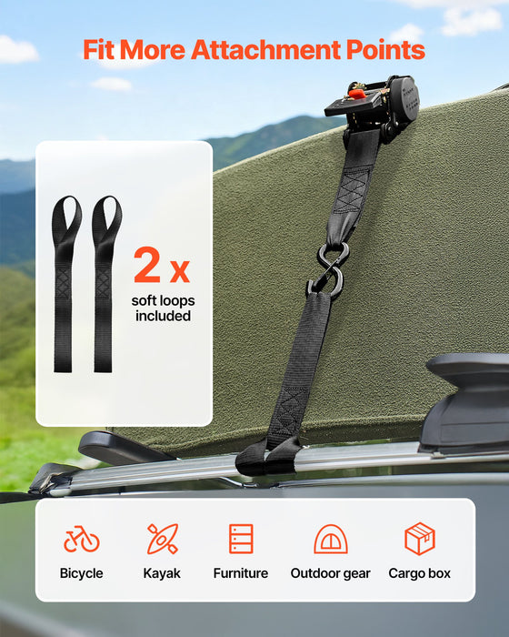 VEVOR Retractable Ratchet Straps, 50.8 mm x 3 m, Tie Down Straps with S Hooks, 1375 kg Break Strength, 2 Soft Loops, Tie Down Ratcheting for Moving, Trailers, Motorcycles, Kayaks, Car Roof, 2 Pack
