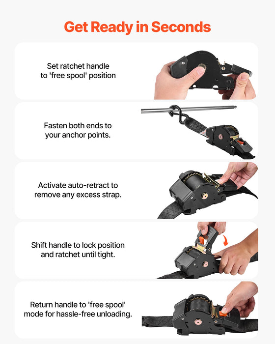 VEVOR Retractable Ratchet Straps, 50.8 mm x 3 m, Tie Down Straps with S Hooks, 1375 kg Break Strength, 2 Soft Loops, Tie Down Ratcheting for Moving, Trailers, Motorcycles, Kayaks, Car Roof, 2 Pack