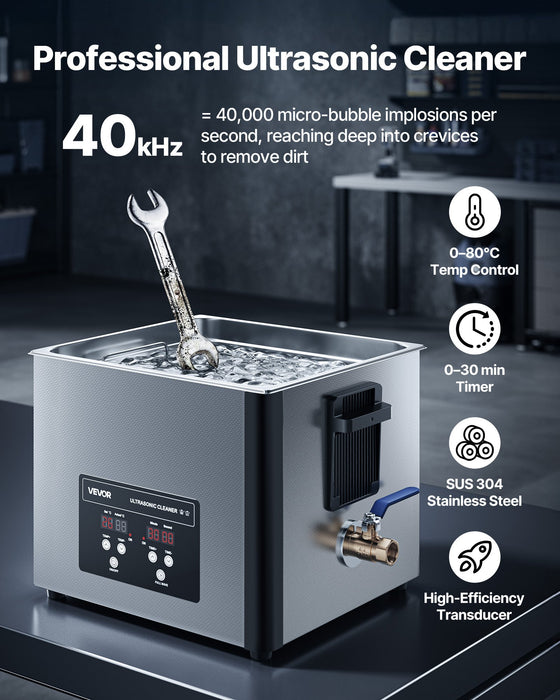 VEVOR 15L Ultrasonic Cleaner, Professional Ultrasonic Cleaner Machine with Cleaning Basket & Digital Display, 240W Stainless Steel 40kHz Industrial Cleaning Machine for Parts, Carburetors, Instruments
