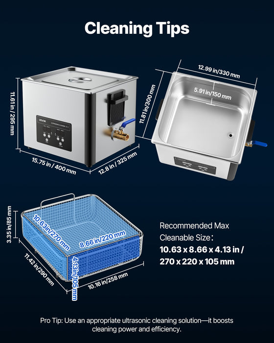 VEVOR 15L Ultrasonic Cleaner, Professional Ultrasonic Cleaner Machine with Cleaning Basket & Digital Display, 240W Stainless Steel 40kHz Industrial Cleaning Machine for Parts, Carburetors, Instruments