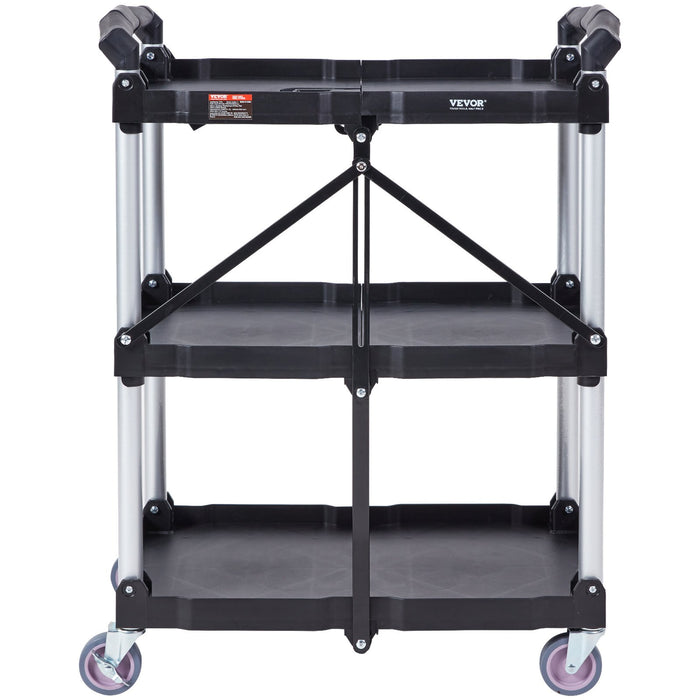 VEVOR Foldable Utility Service Cart, 3 Shelf 165LBS Heavy Duty Plastic Rolling Cart with Lockable Wheels, Ergonomic Handle, Portable Garage Tool Cart for Warehouse/Office/Home(25.62"x15.43"x32.76")
