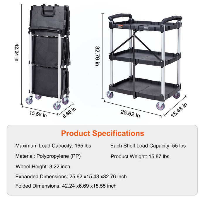VEVOR Foldable Utility Service Cart, 3 Shelf 165LBS Heavy Duty Plastic Rolling Cart with Lockable Wheels, Ergonomic Handle, Portable Garage Tool Cart for Warehouse/Office/Home(25.62"x15.43"x32.76")