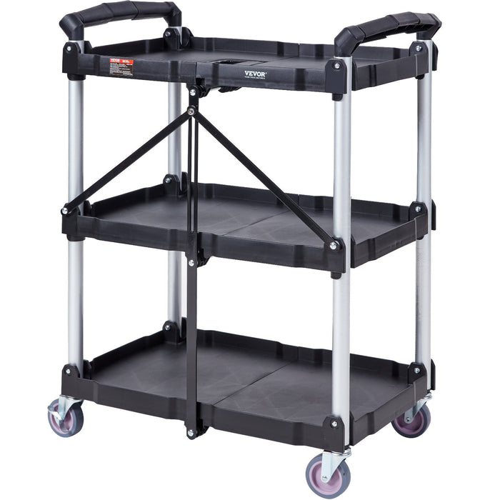 VEVOR Foldable Utility Service Cart, 3 Shelf 165LBS Heavy Duty Plastic Rolling Cart with Lockable Wheels, Ergonomic Handle, Portable Garage Tool Cart for Warehouse/Office/Home(25.62"x15.43"x32.76")