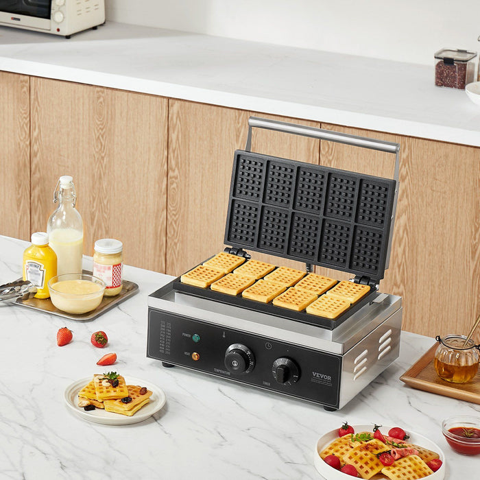Commercial Waffle Maker, 10PCS Rectangle Waffle Baker Machine, 1550W Non-Stick Stainless Steel Belgian Waffle Iron with Temp and Time Control, Handle, for Restaurant Bakery Snack Bar Family