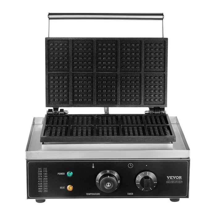 Commercial Waffle Maker, 10PCS Rectangle Waffle Baker Machine, 1550W Non-Stick Stainless Steel Belgian Waffle Iron with Temp and Time Control, Handle, for Restaurant Bakery Snack Bar Family