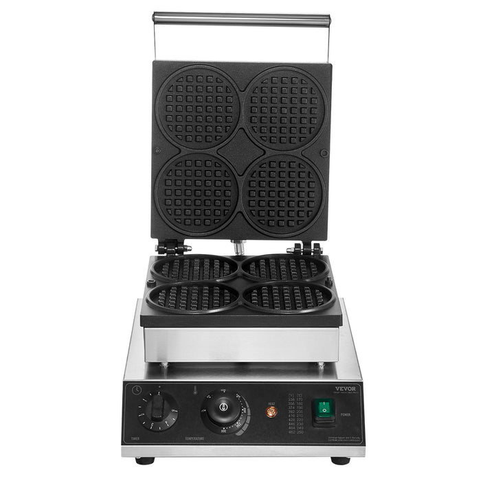 VEVOR Commercial Waffle Maker, 4PCS Round Waffle Baker Machine,1750W Non-Stick Stainless Steel Belgian Waffle Iron with Temperature and Time Control, for Restaurant Bakery Snack Bar Family