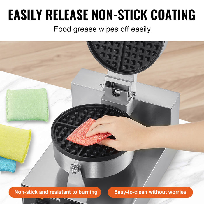VEVOR Commercial Waffle Maker, 1230W Round Waffle Baker Machine, Non-Stick Stainless Steel Belgian Waffle Iron with Temperature and Time Control, Handle, for Restaurant Bakery Snack Bar Family