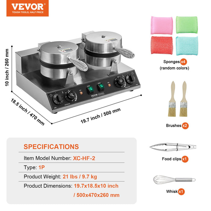 VEVOR Commercial Waffle Maker, Dual-Head Round Waffle Baker Machine, 2460W Non-Stick Stainless Steel Belgian Waffle Iron with Temp and Time Control, Handle, for Restaurant Bakery Snack Bar Family