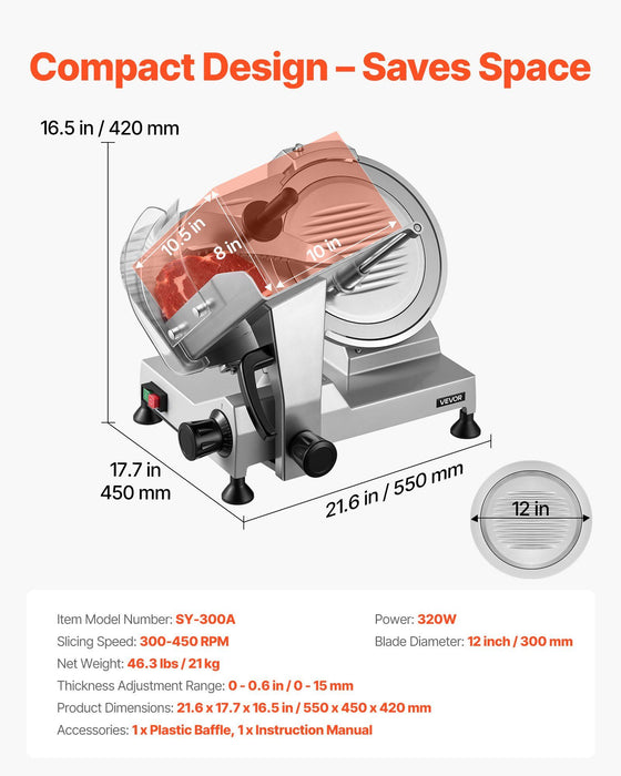 Commercial Meat Slicer, 320W Electric Deli Food Slicer with 300mm Carbon Steel Blade, Built-In Sharpener & 0-15mm Adjustable Thickness for Frozen Meat, Ham, Baguett, Steak