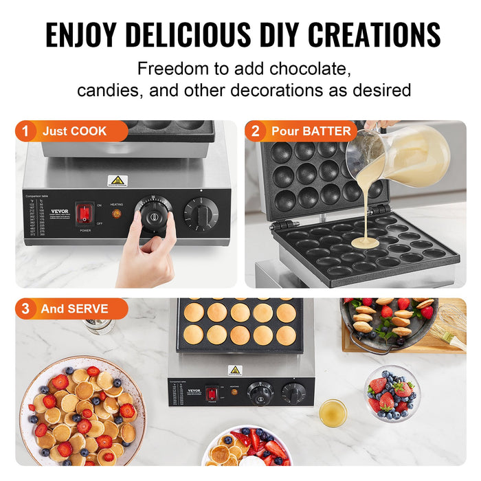 VEVOR Mini Dutch Pancake Maker, 25PCS 43mm Diameter Dorayaki Baker Machine, 1700W Commercial Electric Poffertjes Grill, Non-stick Stainless Steel, Temp & Time Control, for Home Kitchen Restaurant