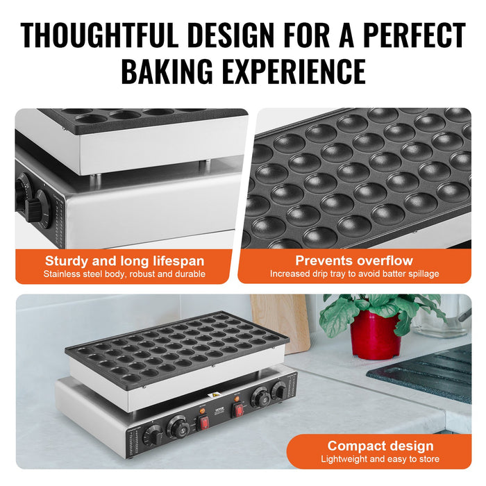 VEVOR Mini Dutch Pancake Maker, 50PCS 43mm Diameter Dorayaki Baker Machine, 1700W Commercial Electric Poffertjes Grill, Non-stick Stainless Steel, Dual Temp & Time Control, for Home Kitchen Restaurant
