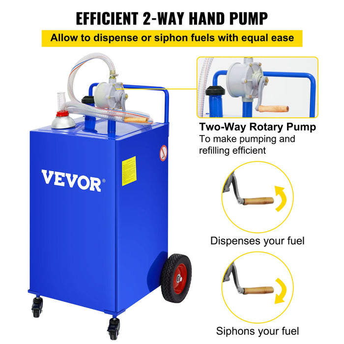 VEVOR 114L Fuel Caddy, Gas Storage Tank & 4 Wheels, with Manuel Transfer Pump, Gasoline Diesel Fuel Container for Cars, Lawn Mowers, ATVs, Boats, More, Blue