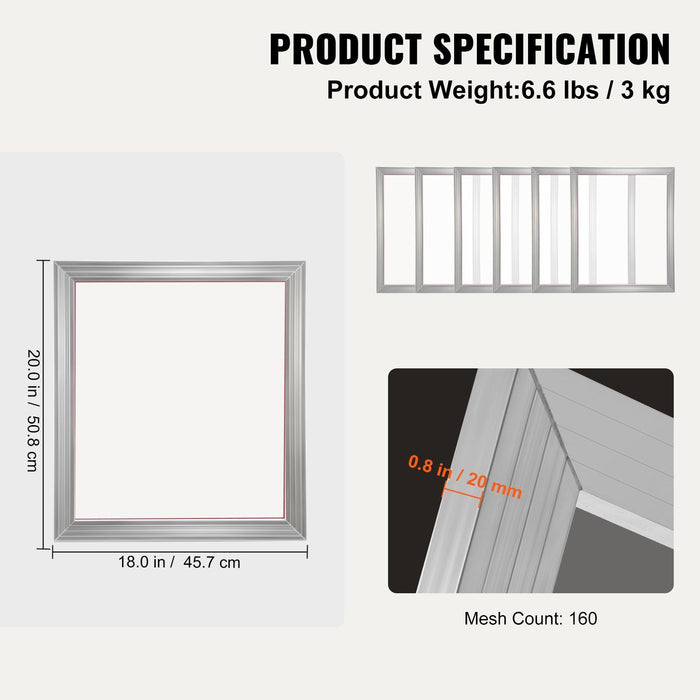 Screen Printing Kit, 6 Pieces Aluminum Silk Screen Printing Frames, 18x20inch Silk Screen Printing Frame with 160 Count Mesh, High Tension Nylon Mesh and Sealing Tape for T-shirts DIY Printing