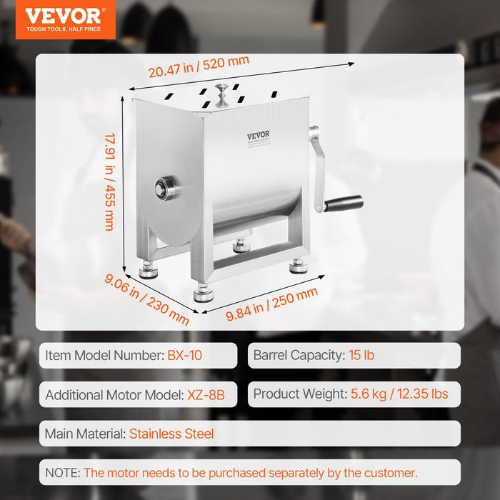 Manual Meat Mixer, 10L Fixed Tank Meat Processing Equipment(Mixing Max 15LBS for Meats), Stainless Steel Sausage Mixer Machine with Lid Handle Gear Reducer, Ground Beef Hand Mixers