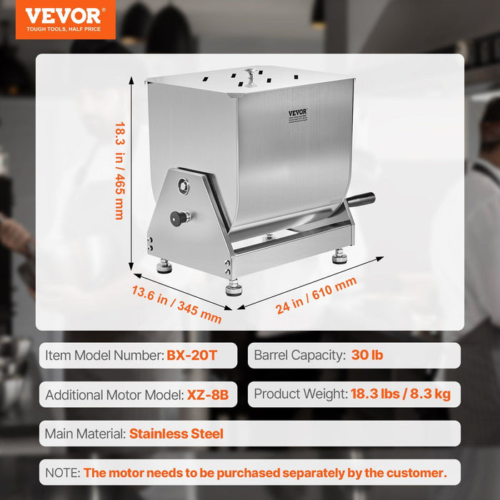 Manual Meat Mixer, 30L Tilt Tank Meat Processing Equipment(Mixing Max 30LBS for Meat), Stainless Steel Meat Mixer, Sausage Mixer Machine with Lid Handle Gear Reducer, Ground Beef Hand Mixer