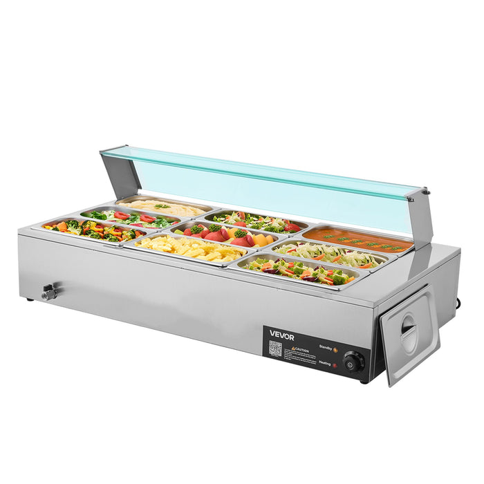 VEVOR Commercial Food Warmer, 1500W Electric Stainless Steel Steam Food Warmer with Glass Cover, 9-Pan Countertop Buffet Bain Marie with Soup & Perforated Ladles, for Catering, Restaurant & Party