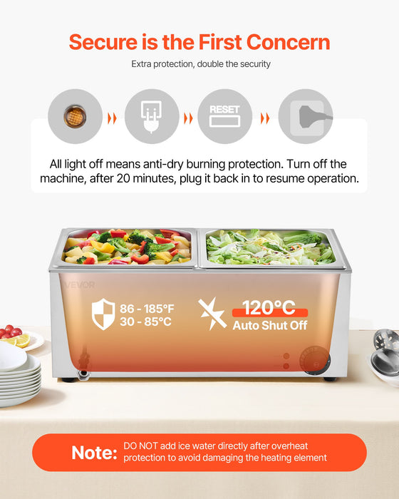 VEVOR Commercial Food Warmer, 2-Pan Electric Steam Table, 1200W Professional Countertop Stainless Steel Buffet Bain Marie with 30-85°C Temp Control for Catering, Buffet, Parties, Restaurants